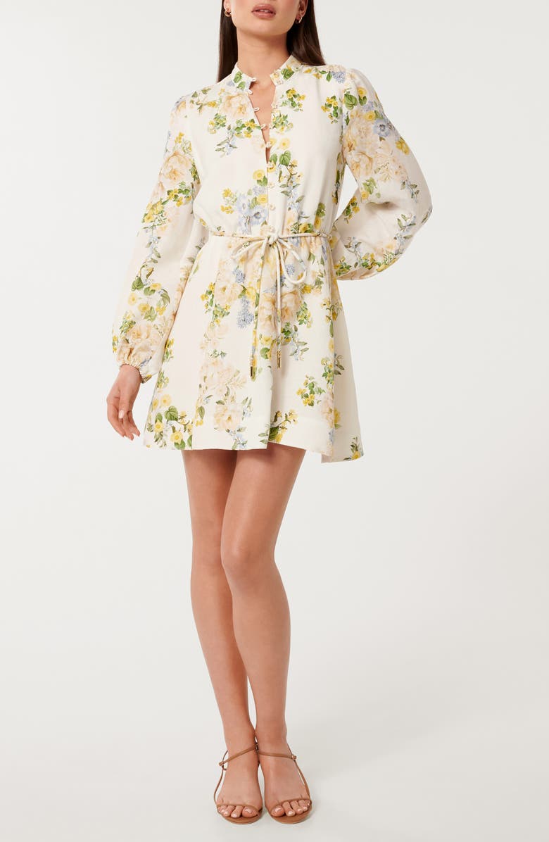 Ever New Annalise Tie Waist Long Sleeve Linen Blend Minidress, Main, color,