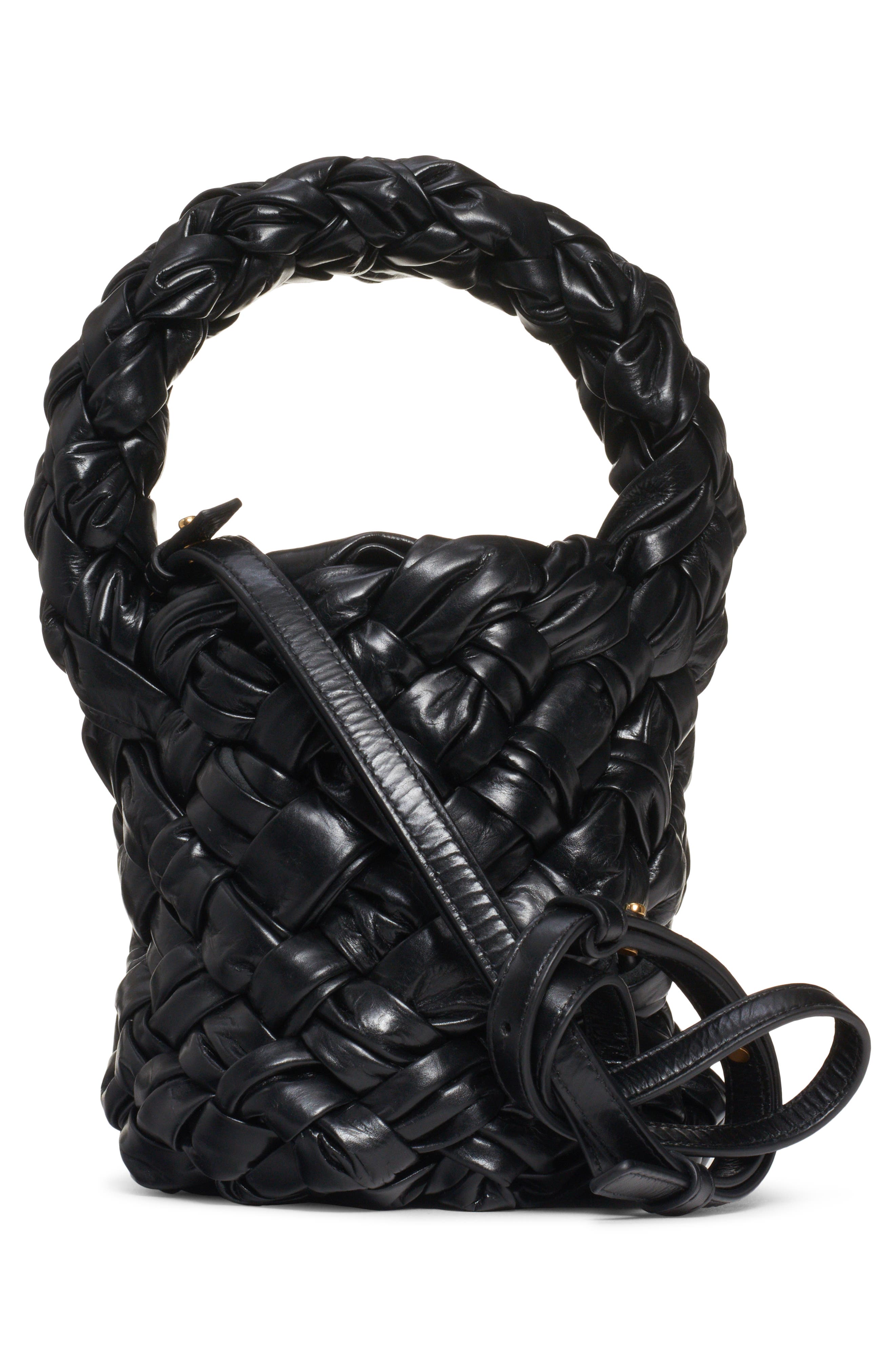 Bottega Veneta Mini Kalimero Intrecciato Leather Bucket Bag, Alternate, color, Black-M Brass