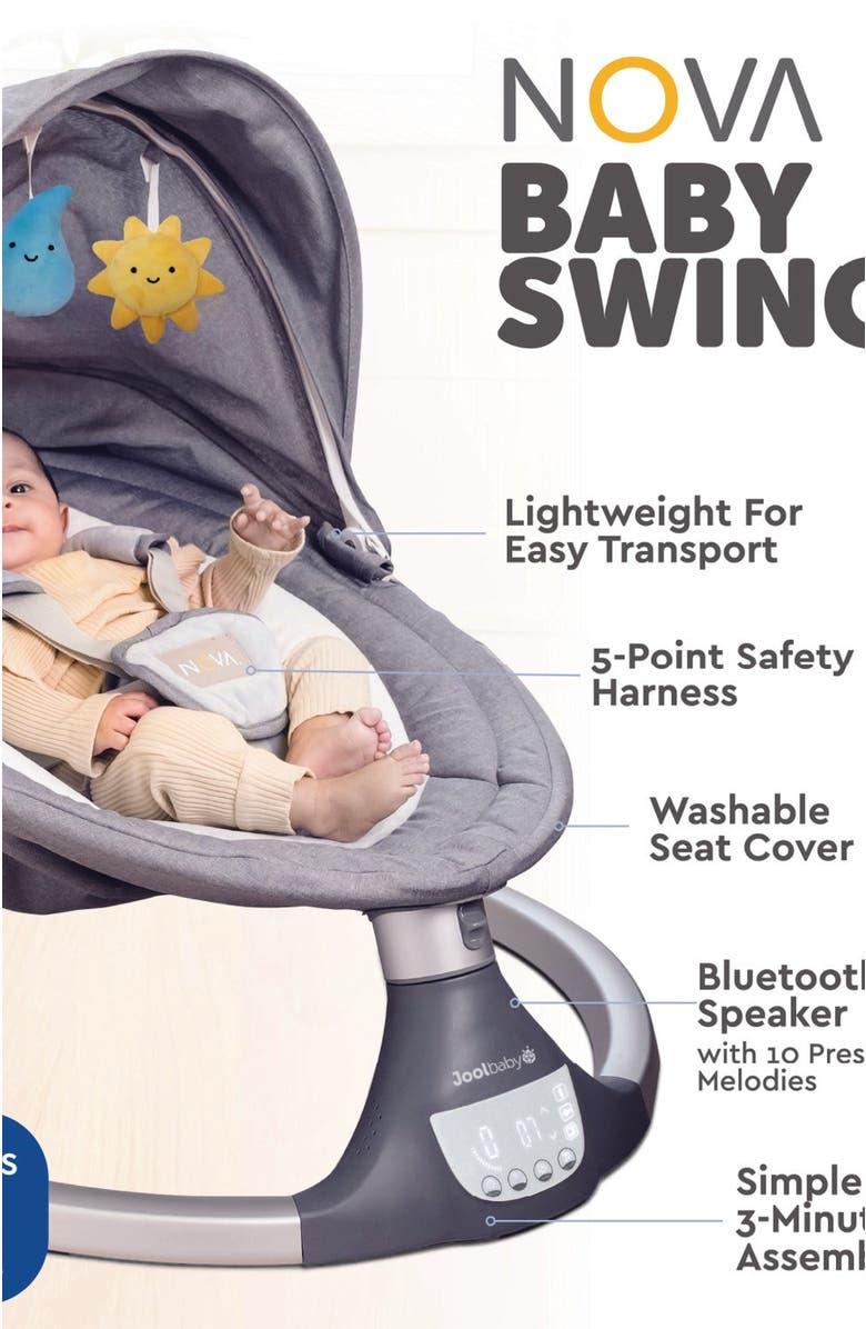 Jool Baby Nova Swing for Newborns - Electric Motorized Infant Swing, Bluetooth Music, 10 Preset Melodies, Remote, Alternate, color, Gray