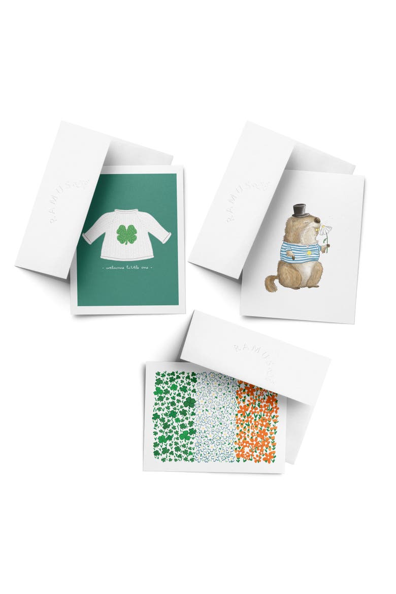Baby/St. Patrick's Day Assorted Greeting Card Pack (3ct) "Lucky Baby Sweater, Groundhog Sunshine , Irish Floral Flag", Main, color, Multi-Pack