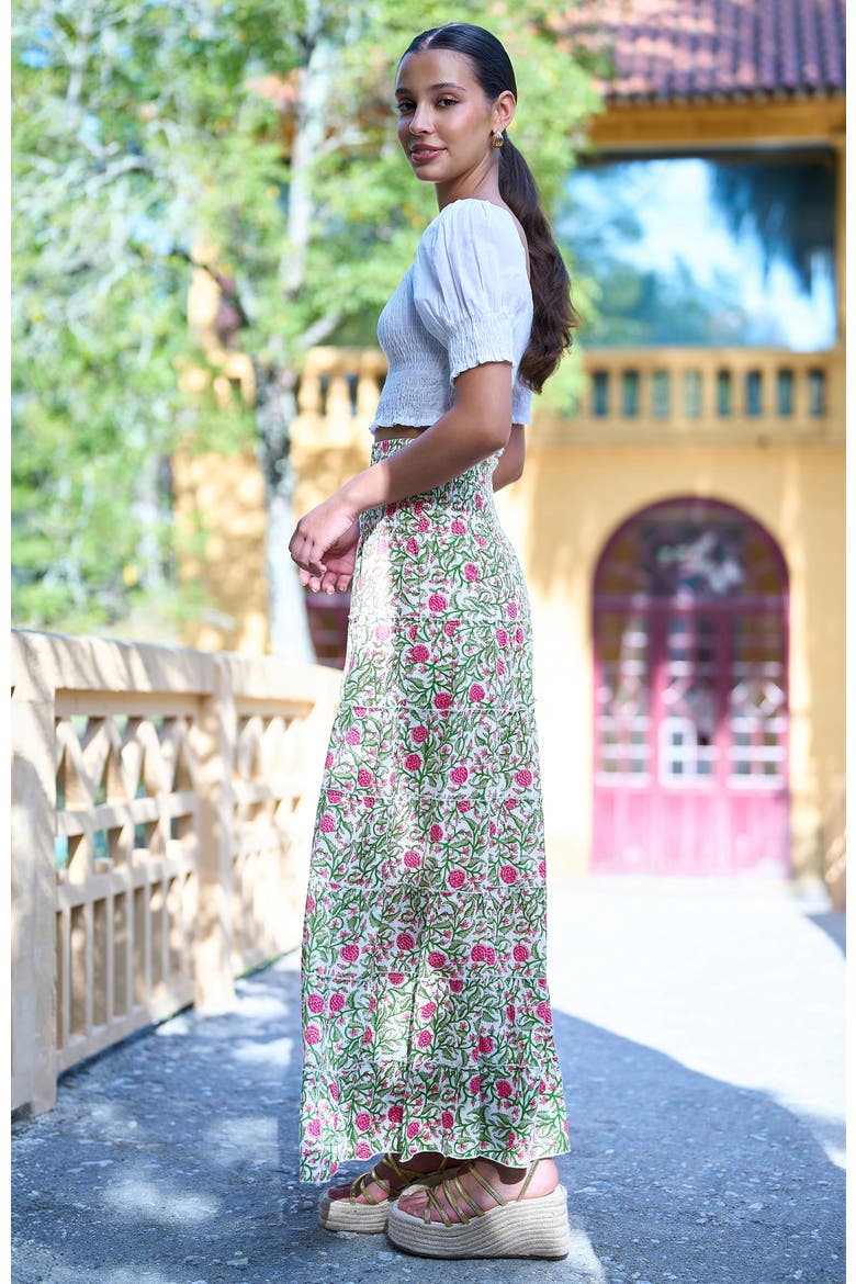 Boho Print Cotton Floral Maxi Skirt, Alternate, color, White