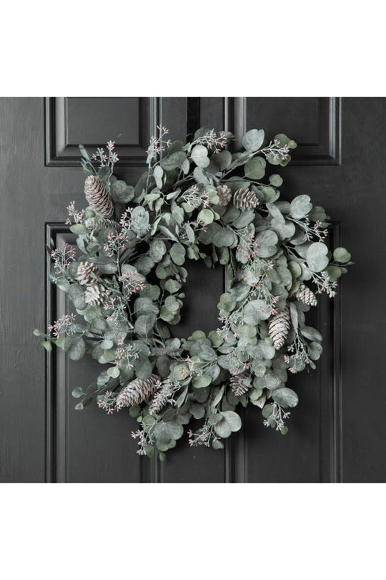 Candlelit Evenings - Faux Dusty Green Silver Dollar Eucalyptus & Pinecone Christmas Front Door Winter Wreath, Alternate, color, Green