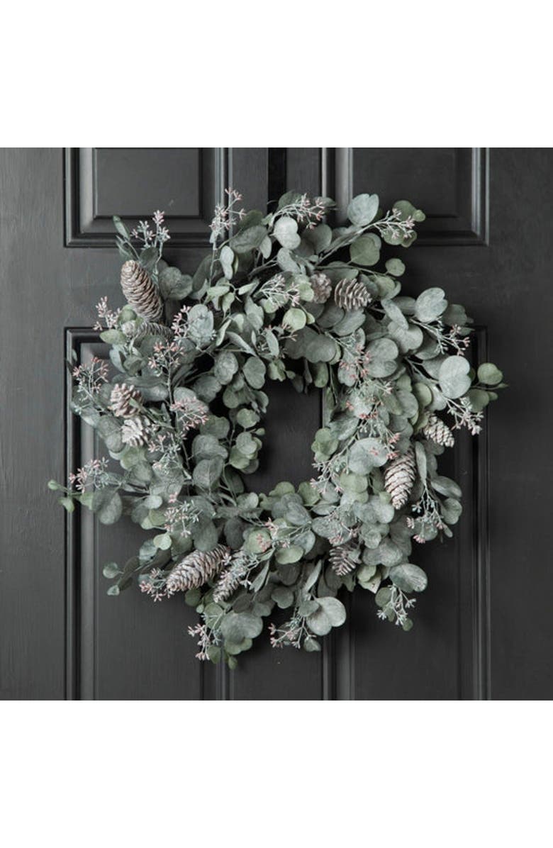 Darby Creek Trading Candlelit Evenings - Faux Dusty Green Silver Dollar Eucalyptus & Pinecone Christmas Front Door Winter Wreath, Alternate, color, Green