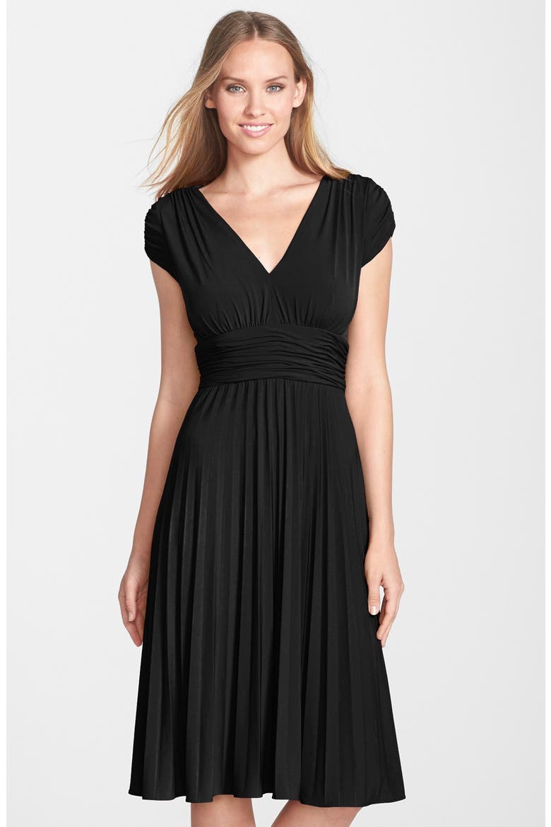 'Sunburst' Pleated Jersey Fit & Flare Dress, Alternate, color, BLACK