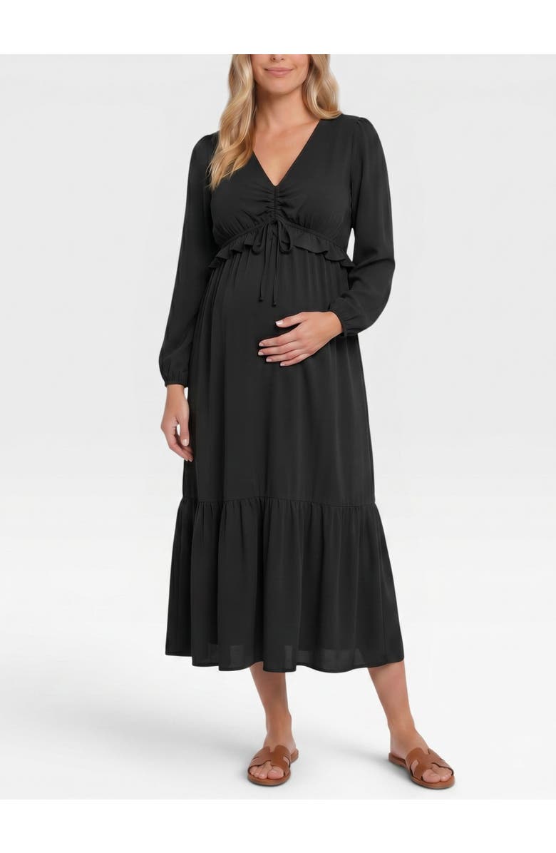 MOTHERHOOD MATERNITY Puff Sleeve Ruffle Midi Maternity Dress, Main, color, Black