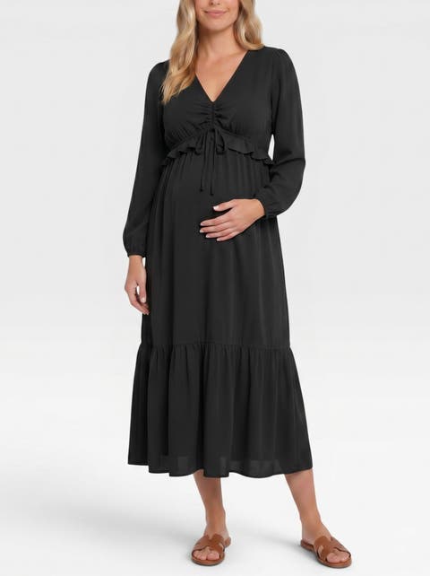 Puff Sleeve Ruffle Midi Maternity Dress