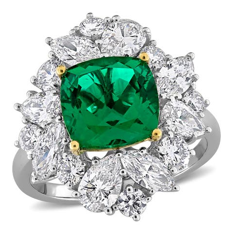 Lab-Created Emerald & Diamond Floral Ring 18k