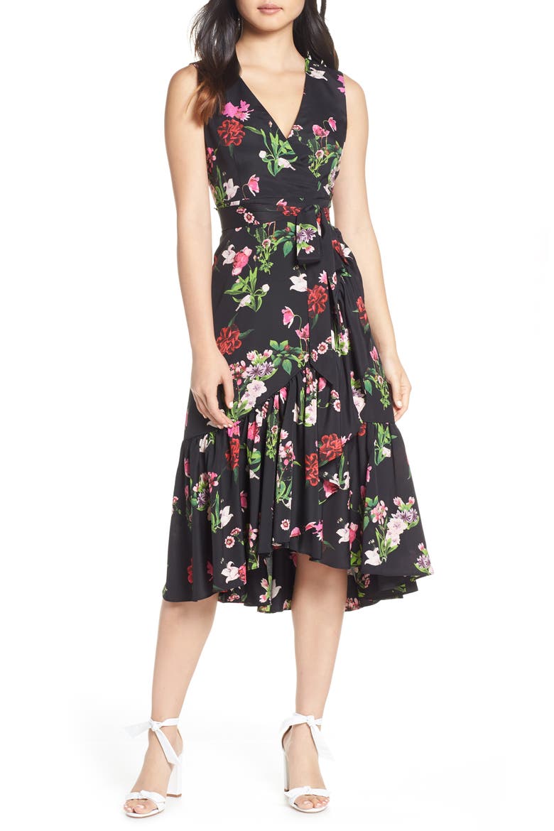 Ruffle Hem Faux Wrap Dress, Main, color, BLACK