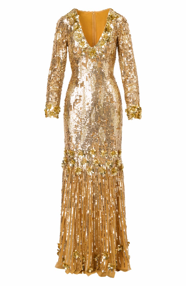 Aidan Mattox Embellished Long Sleeve Mermaid Gown, Alternate, color, Gold