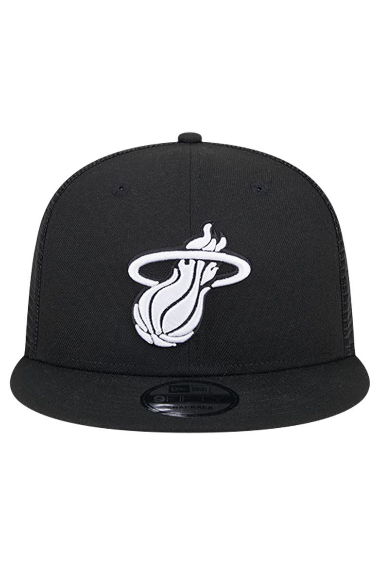 Men's New Era Black Miami Heat Evergreen 9FIFTY Trucker Snapback Hat, Alternate, color, Black