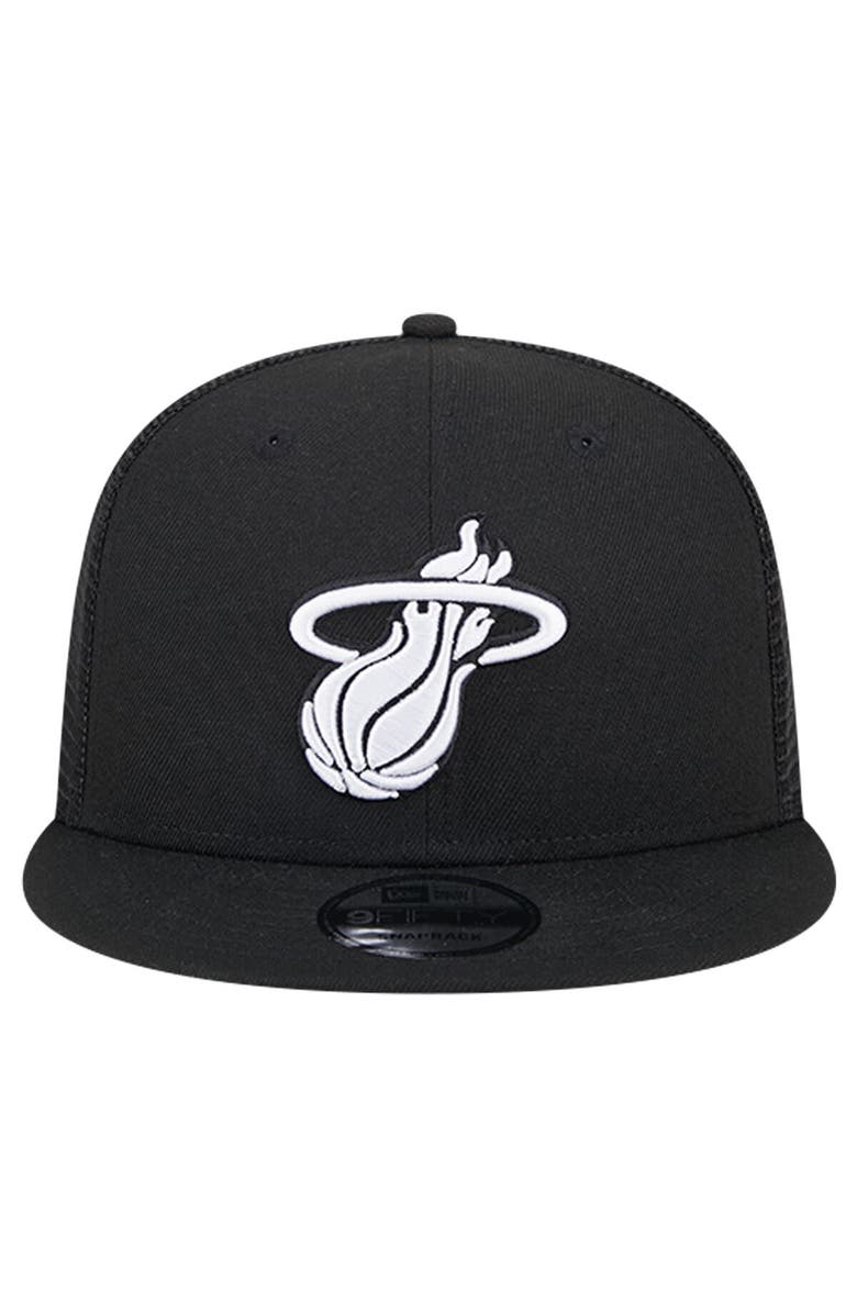 New Era Men's New Era Black Miami Heat Evergreen 9FIFTY Trucker Snapback Hat, Alternate, color,