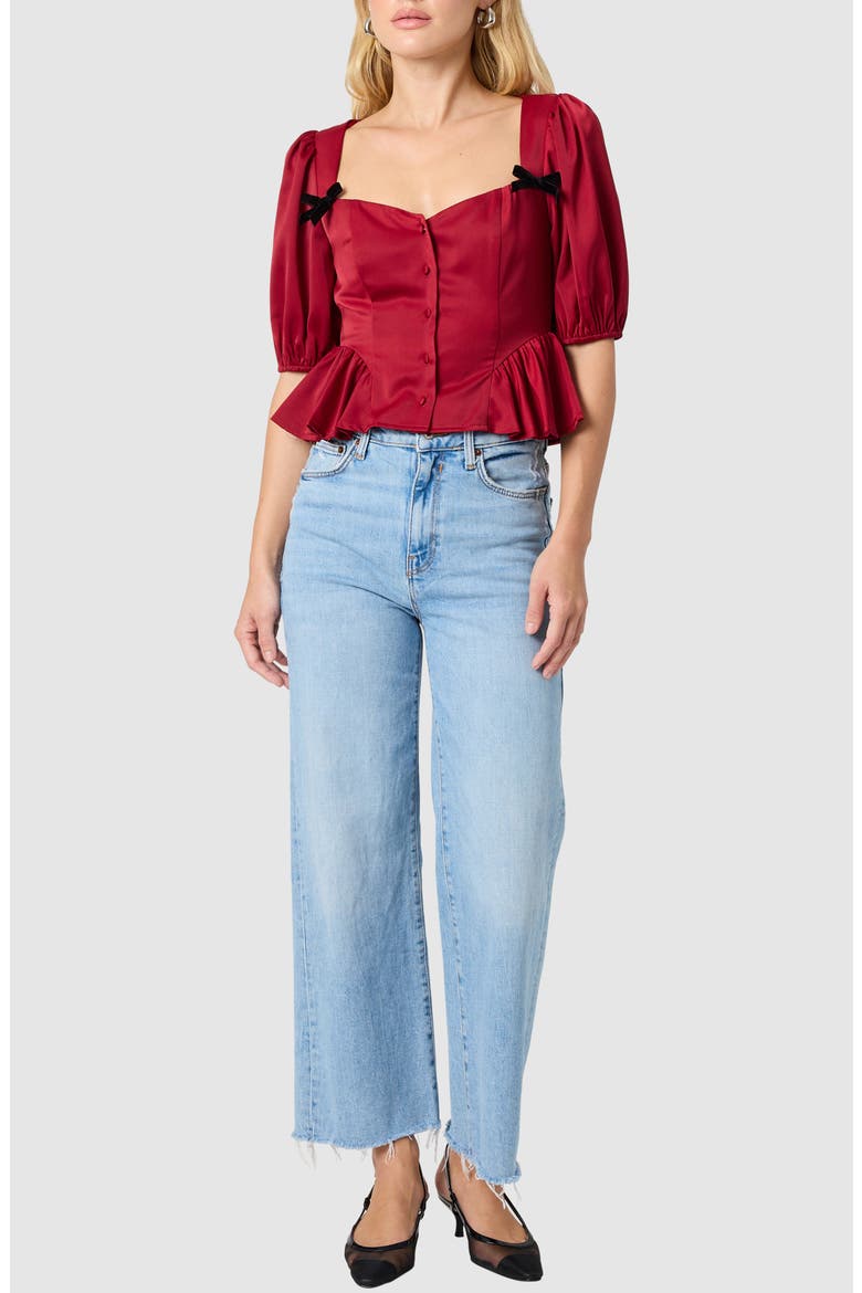 Bow Appliqué Peplum Top, Alternate, color, WINE