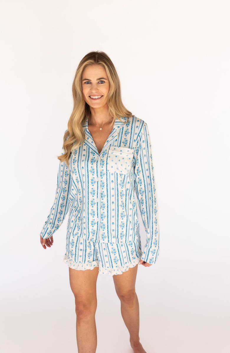 In My Jammers Forever Blooming Short Sleeve Short Set, Alternate, color, Cream / Blue Roses