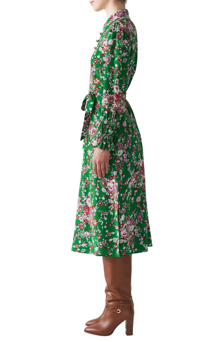 LK Bennett Rita Malachite Floral Print Tie Waist Long Sleeve Silk Shirtdress, Alternate, color,