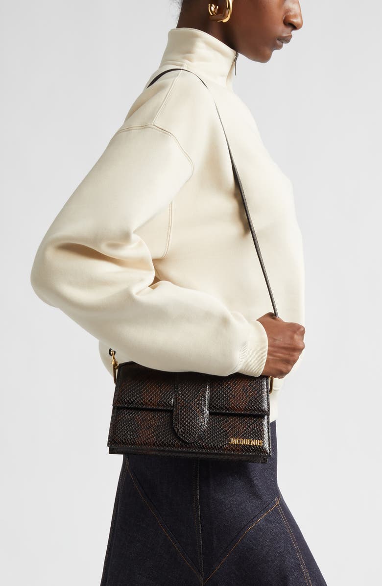 Jacquemus Le Grand Bambino Snakeskin Embossed Leather Shoulder Bag, Alternate, color, Dark Brown 880