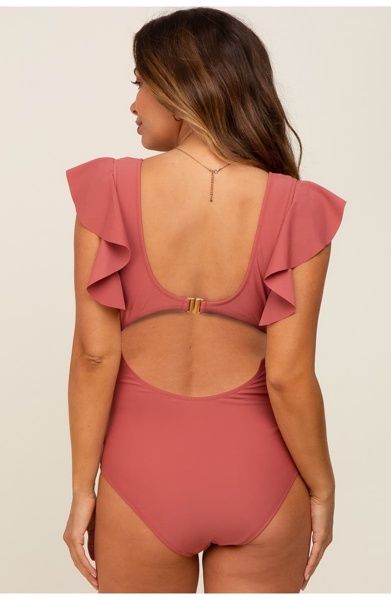 PinkBlush Ruffle Shoulder Pleated Side One Piece Swimsuit, Alternate, color, Rust