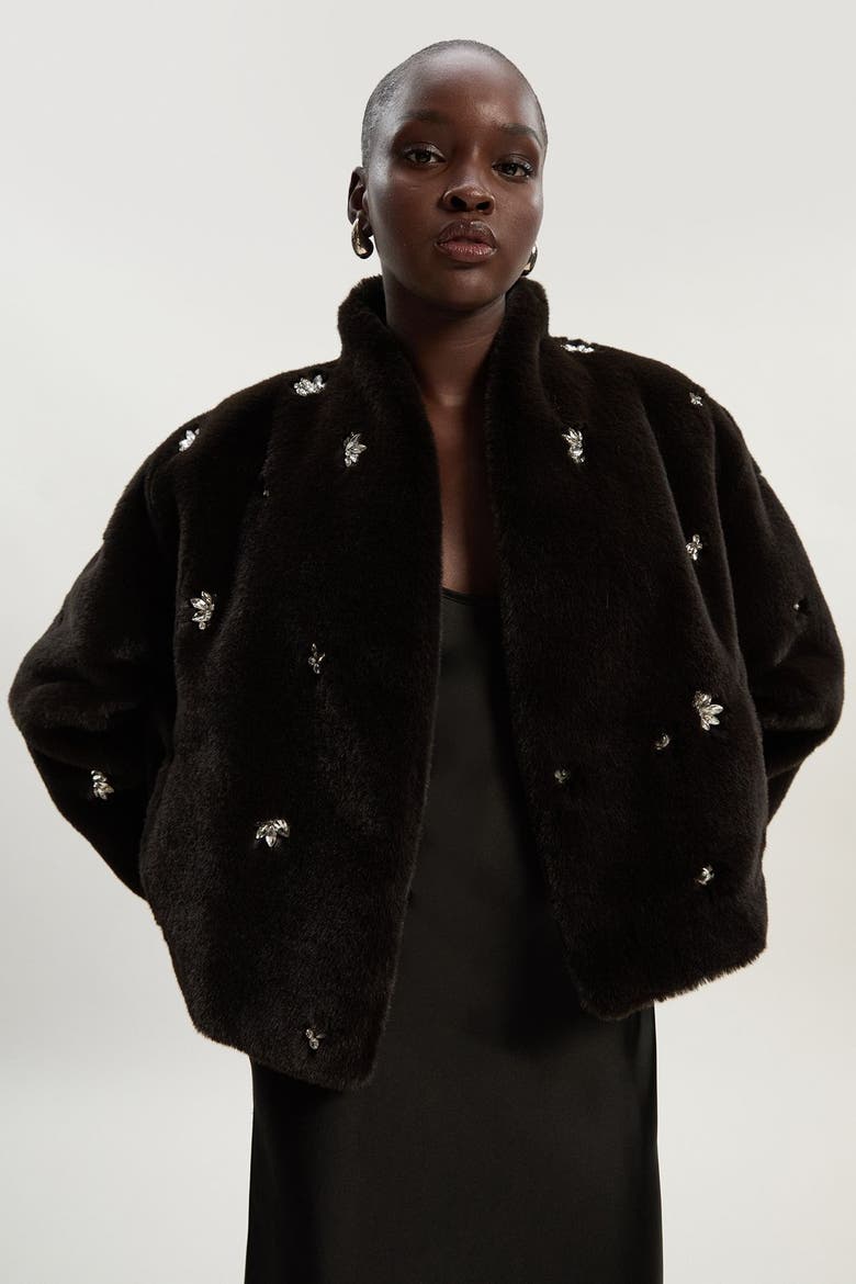 Crystal Embellished Faux Fur Short Coat, Alternate, color, Chocolate