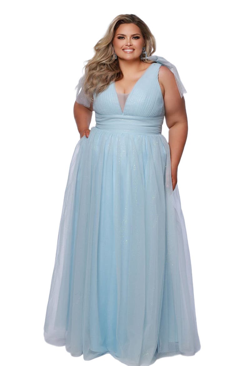 V-Neckline Bra-Friendly Plus Size A-line Gown with Bows, Alternate, color, Ice Blue