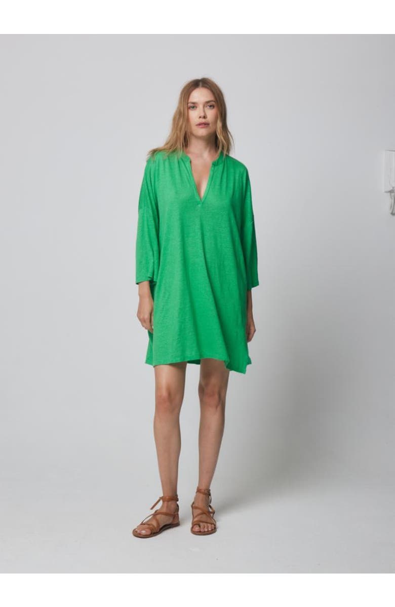 Majestic Filatures Stretch Linen 3/4 Sleeve Tunic Dress, Main, color, Apple Green