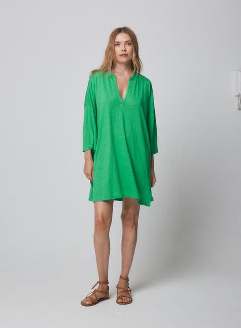 Stretch Linen 3/4 Sleeve Tunic Dress