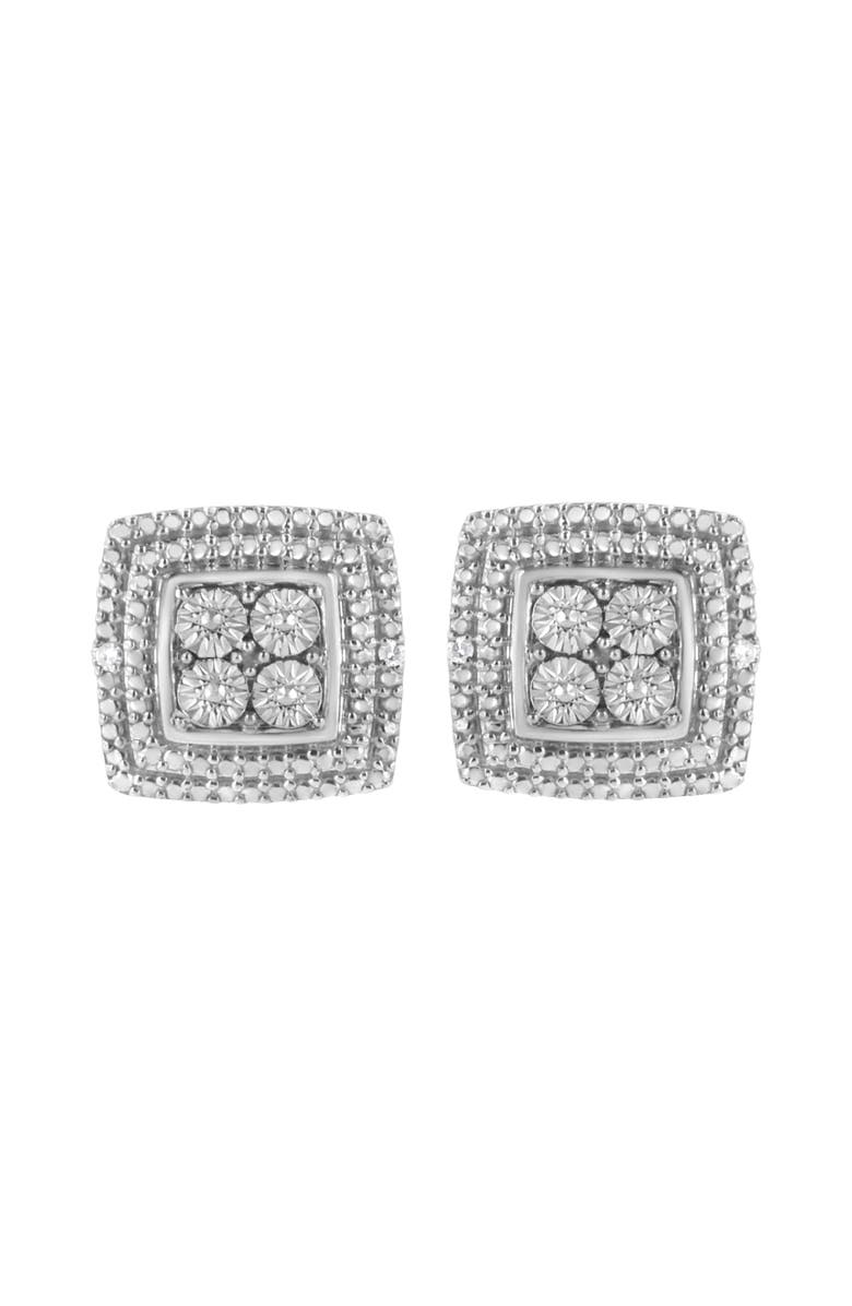 Haus of Brilliance Silver Diamond Accented Square Shaped Milgrain Stud Earrings, Alternate, color, White