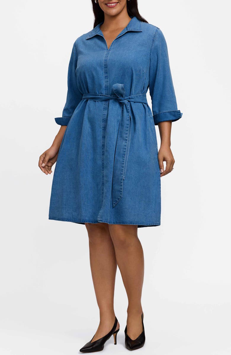 Foxcroft Agnes Tie Waist Denim Dress, Main, color, Medium Wash