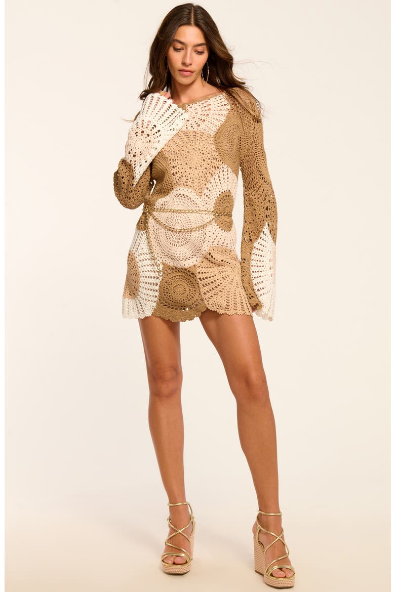 Carina Long Sleeve Cotton Crochet Minidress, Alternate, color, SANDSTONE MULTI COLORBLOCK