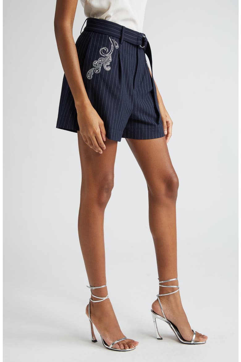 Rebecca Beaded Paisley Detail Pinstripe Shorts, Alternate, color, NAVY/IVORY