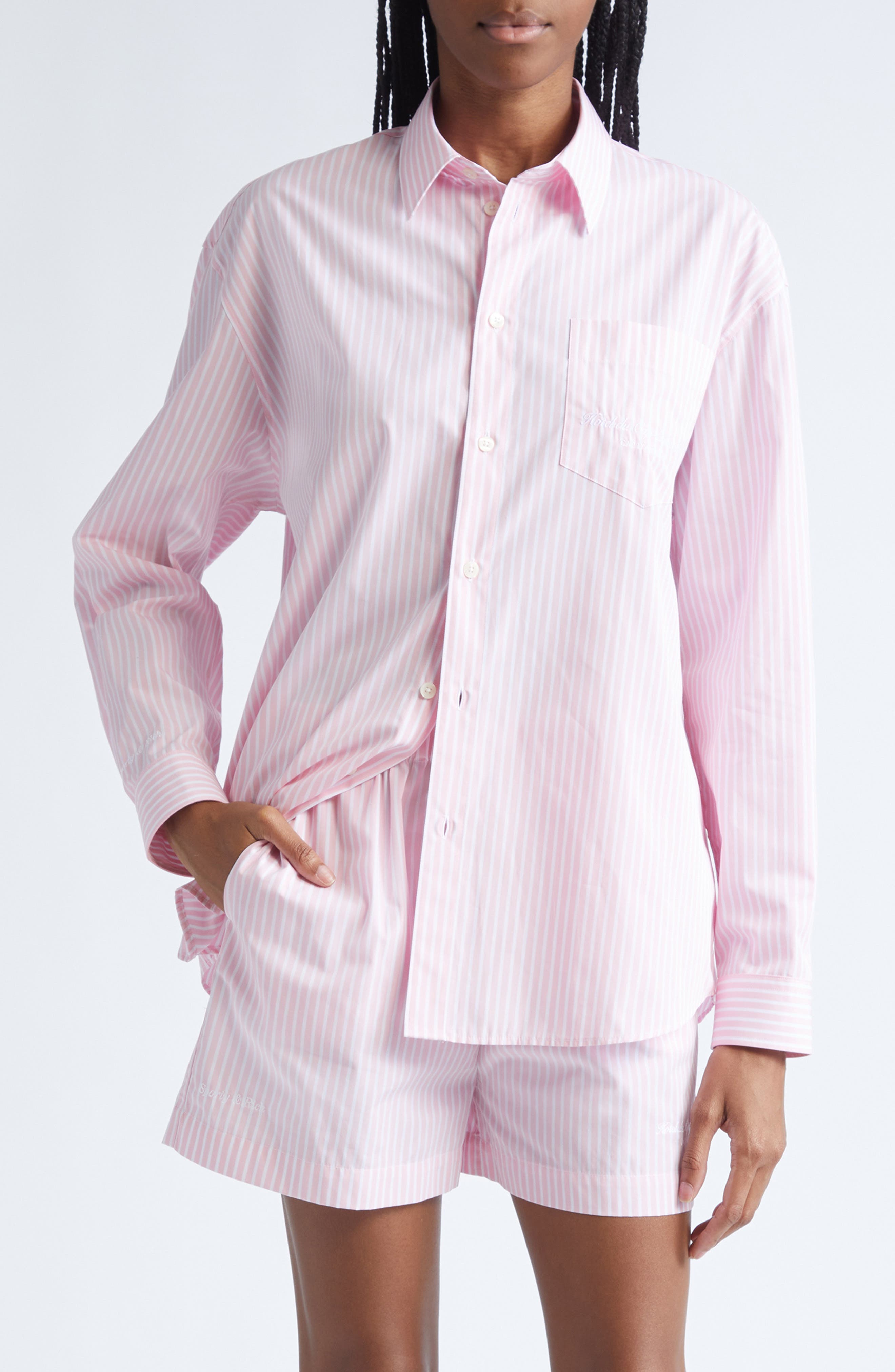 Sporty & Rich Eden Script Stripe Cotton Button-Up Shirt