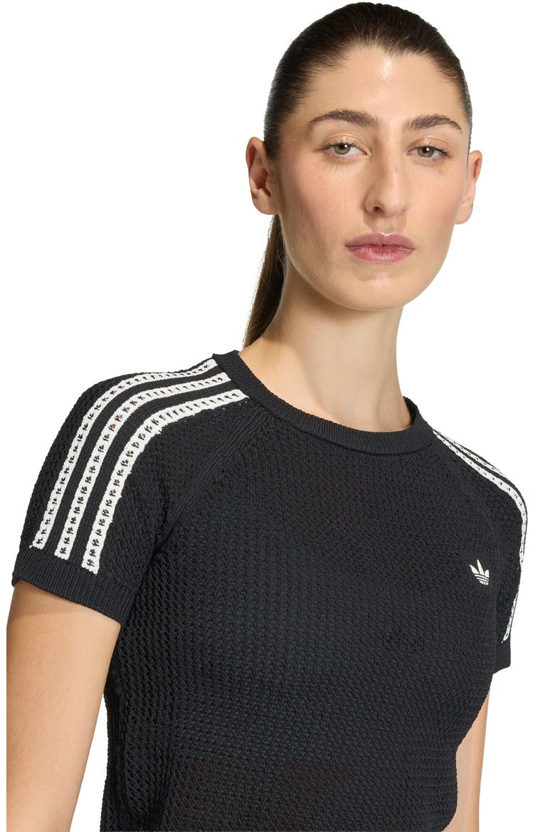 Open Stitch Short Sleeve Crop Sweater, Alternate, color, BLACK