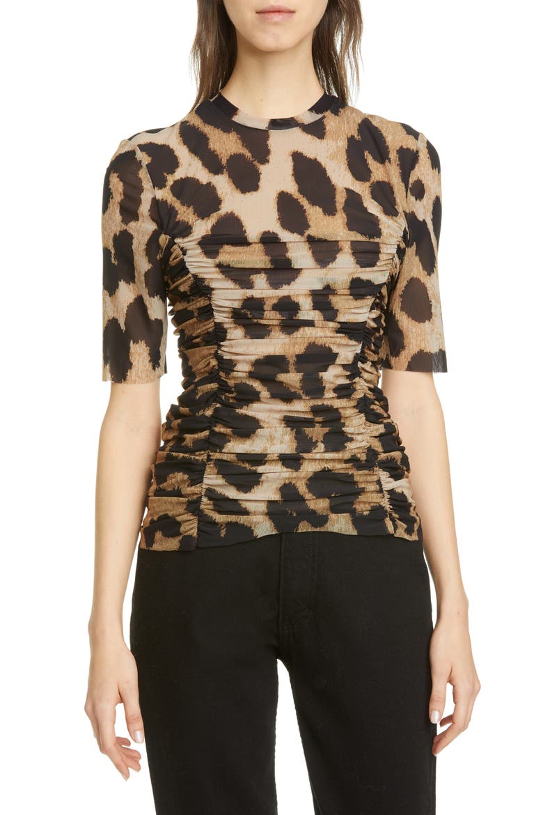Leopard Print Ruched Mesh Top, Main, color, MAXI LEOPARD 994