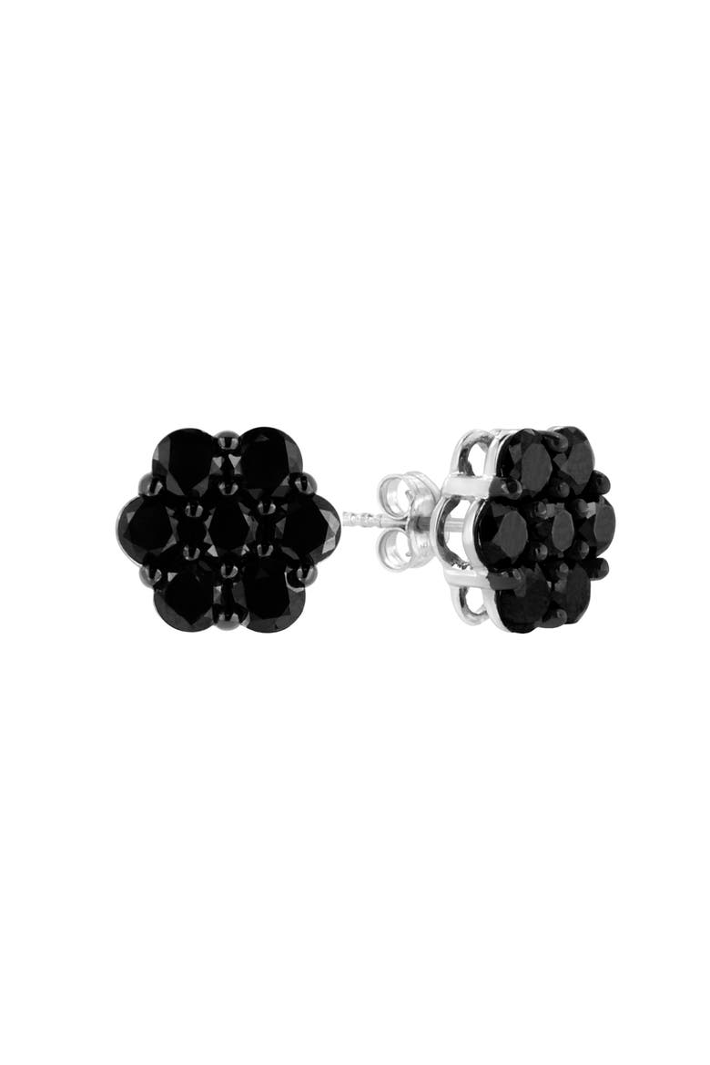Silver 4.0 Ct Prong Round Black Diamond Floral Cluster Stud Earring, Alternate, color, Black Diamond | White