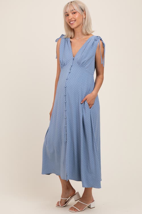 Pinkblush Button-down Polka Dot Shirred Bow Midi Dress In Blue