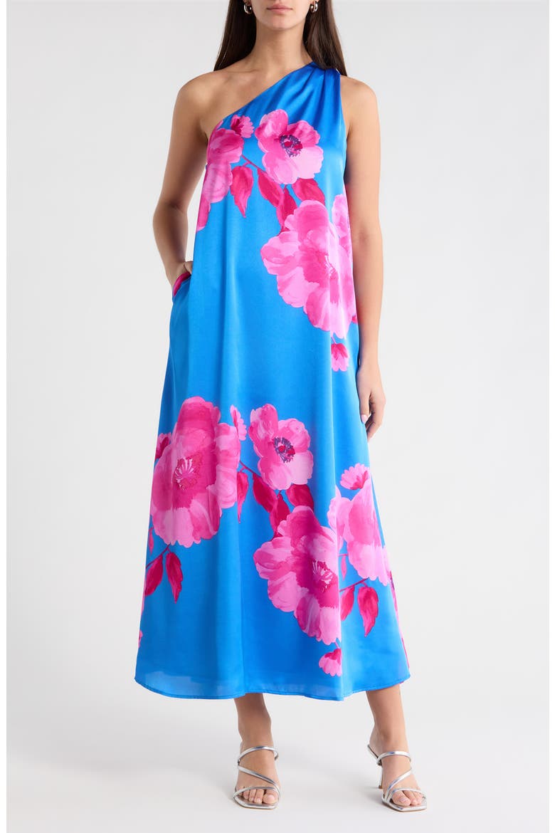Glena Floral One-Shoulder Maxi Dress, Main, color, BLUE-PINK-COMBO