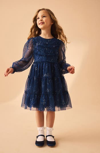 Kids' 3D Floral Long Sleeve Tiered Mesh Dress