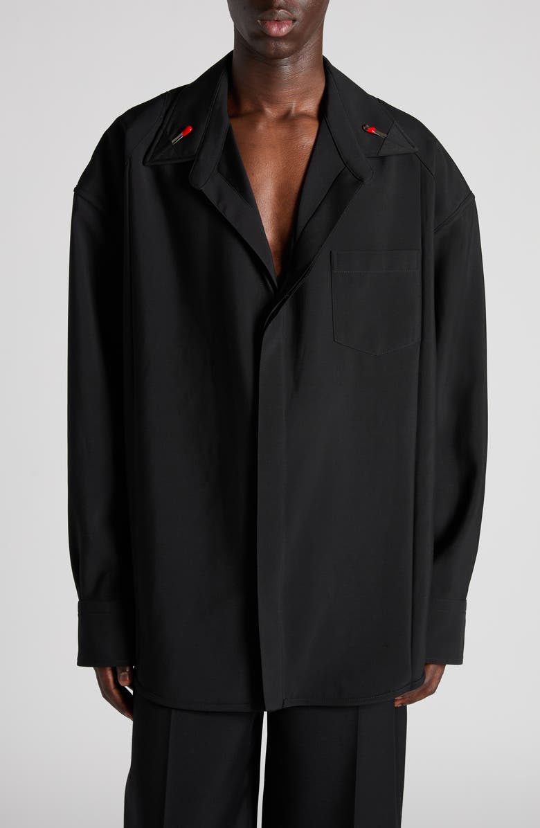 Bottega Veneta Light Wool Button-Up Shirt with Enameled Matchsticks, Main, color, 1000 Black