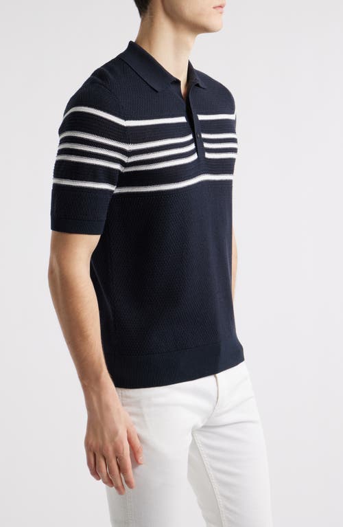 Hugo Boss Knit Polo In Silk And Cotton With Stripe Details In Dark Blue