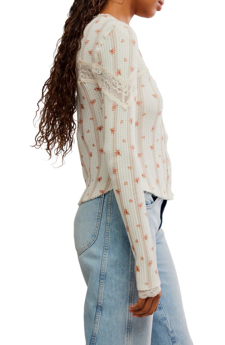 Free People Let's Party Floral Lace Trim Cotton Waffle Knit Button-Up Top, Alternate, color, Tea Combo