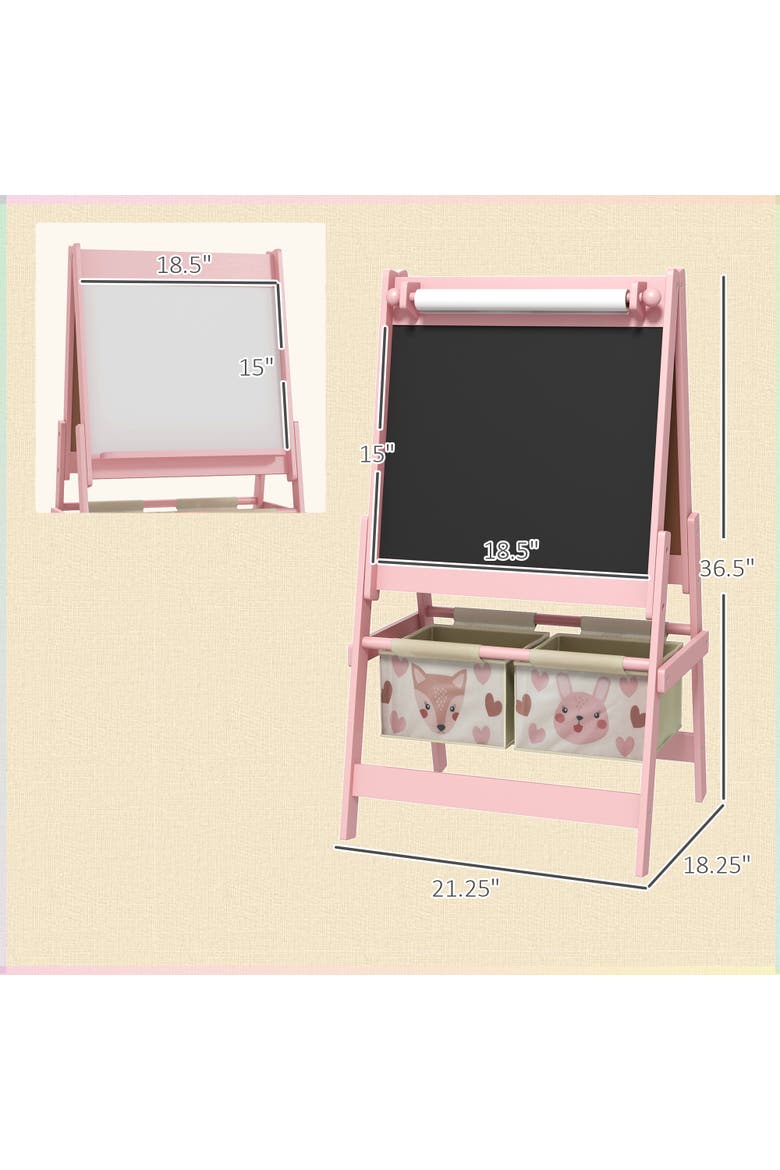 Kids 3-in-1 Art Easel with Paper Roll, Blackboard, Whiteboard, Storage Baskets​, Alternate, color, Pink