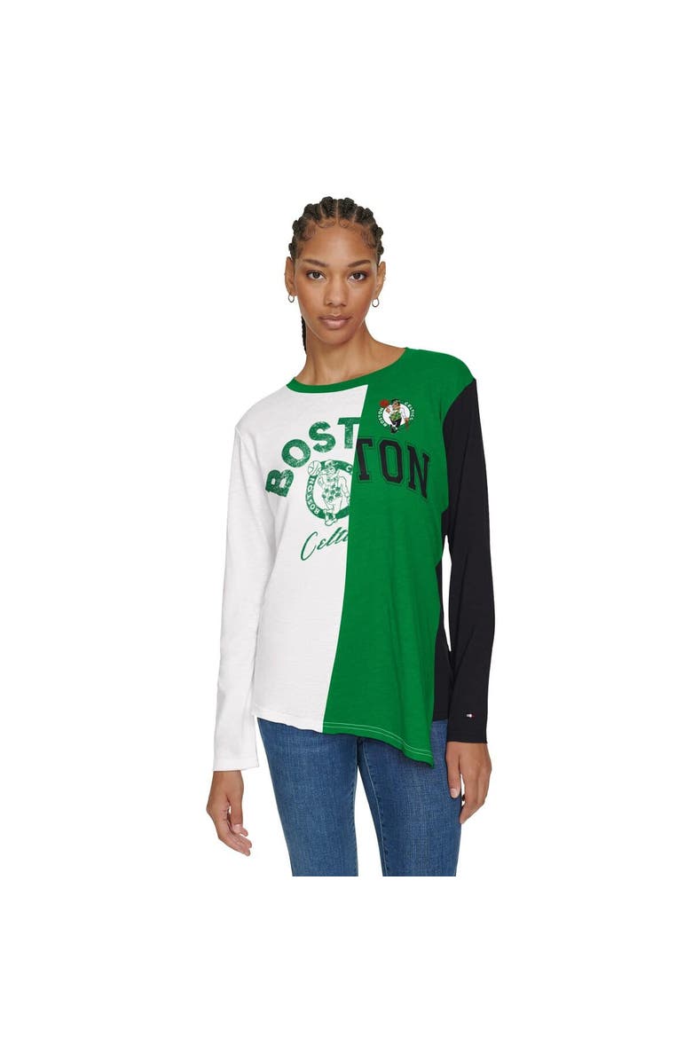 TOMMY JEANS Women's Tommy Jeans White/Kelly Green Boston Celtics Amelia Color Blocked Long Sleeve T-Shirt, Main, color,
