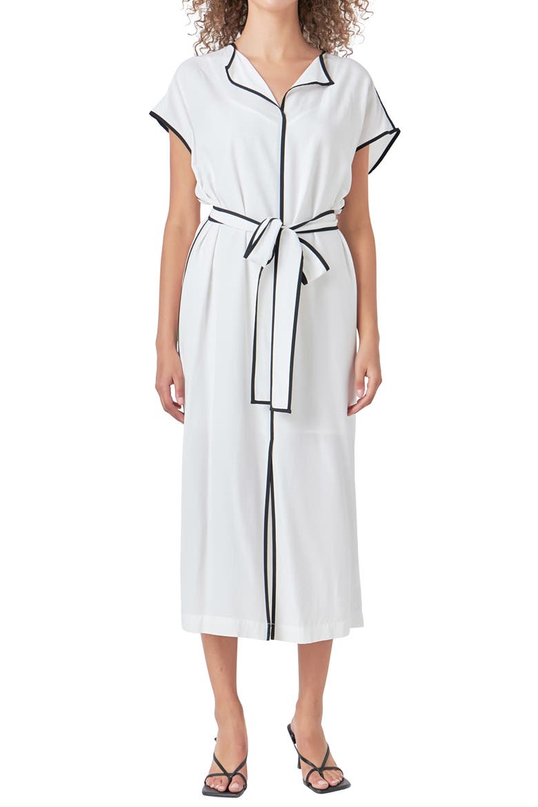 Contrast Binding Tie Belt Midi Dress, Main, color, WHITE/ BLACK