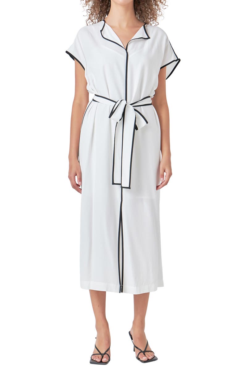 Endless Rose Contrast Binding Tie Belt Midi Dress, Main, color, White/ Black