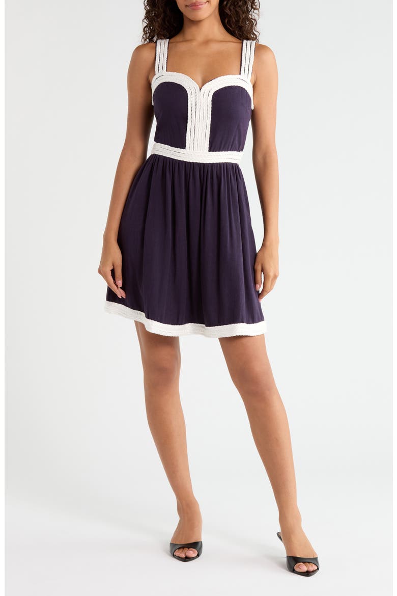 Diamy Contrast Braided Trim Minidress, Main, color, NAVY-WHITE