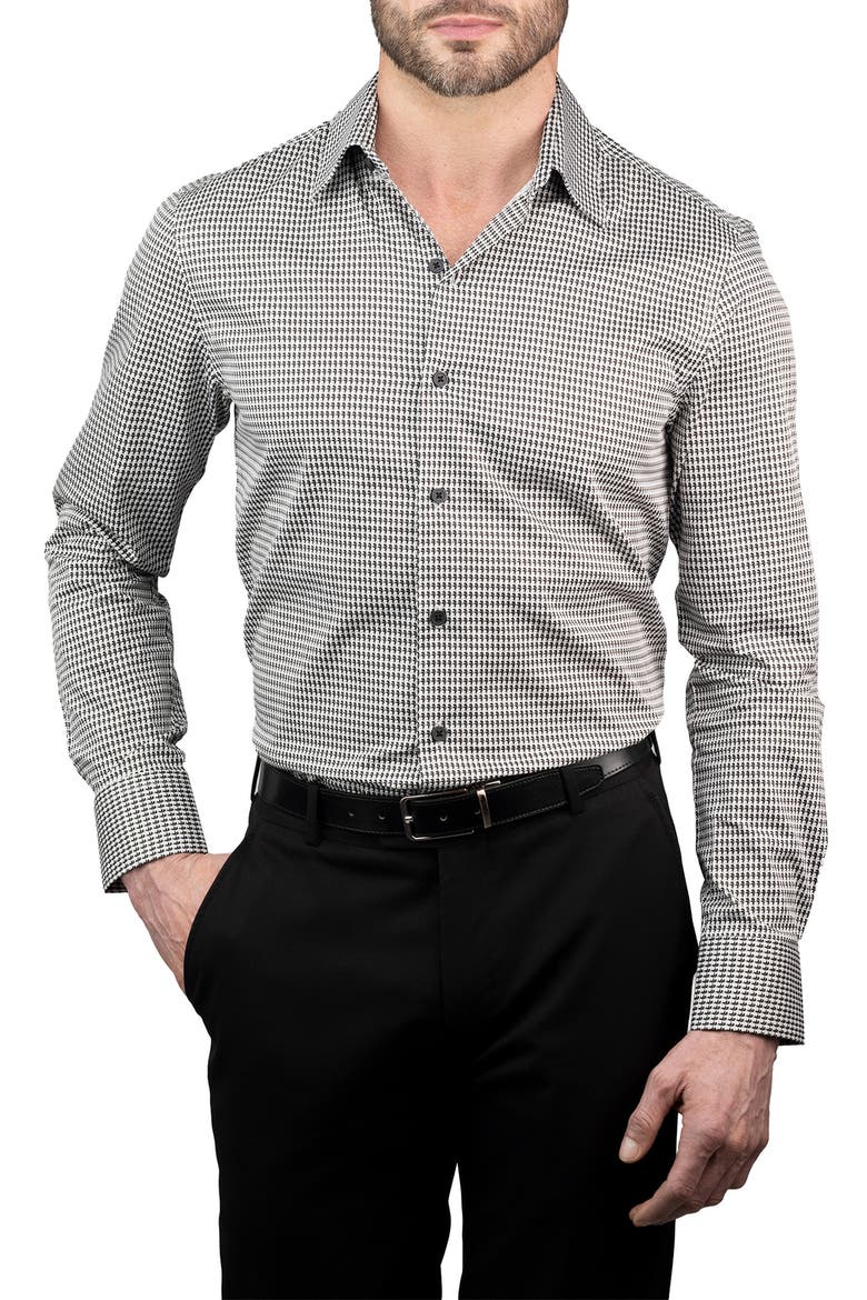 Trim Fit Kameo Print Cotton Dress Shirt, Main, color, BLACK