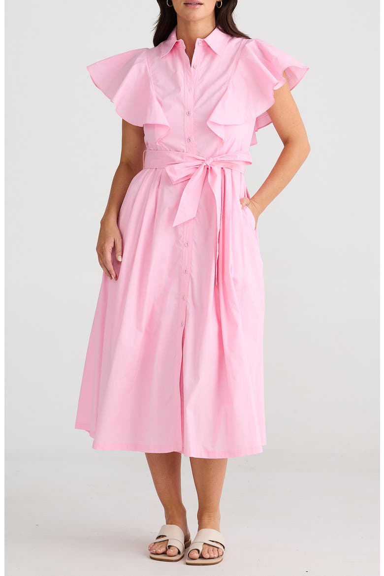 Marigold Ruffle Sleeve Cotton Midi Shirtdress, Main, color, PINK