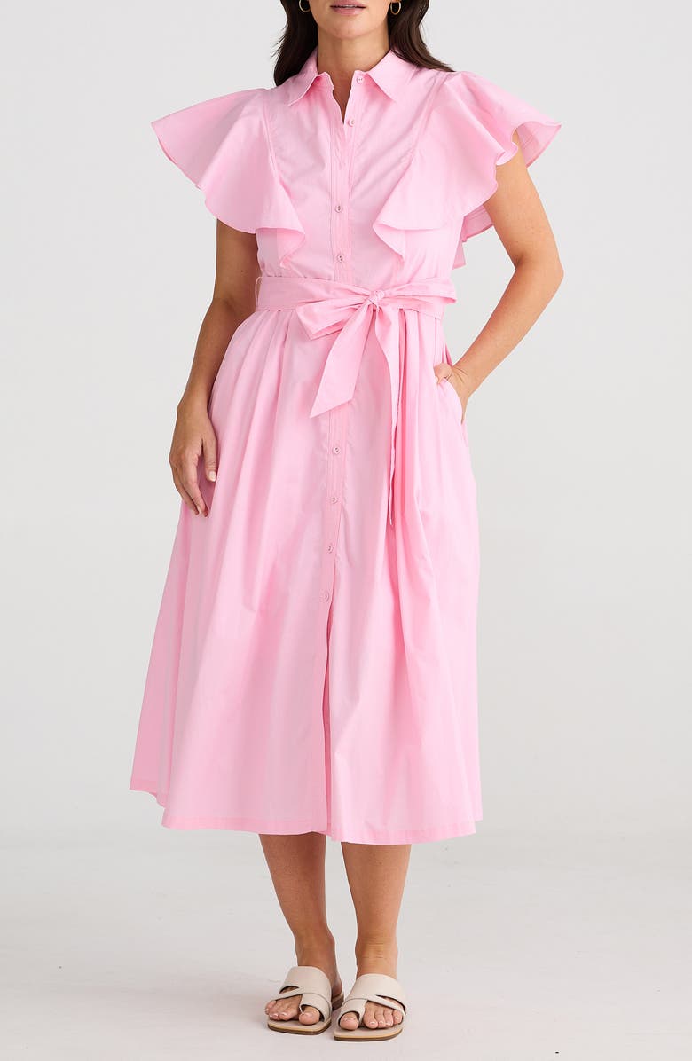 Brave+True Marigold Ruffle Sleeve Cotton Midi Shirtdress, Main, color, Pink