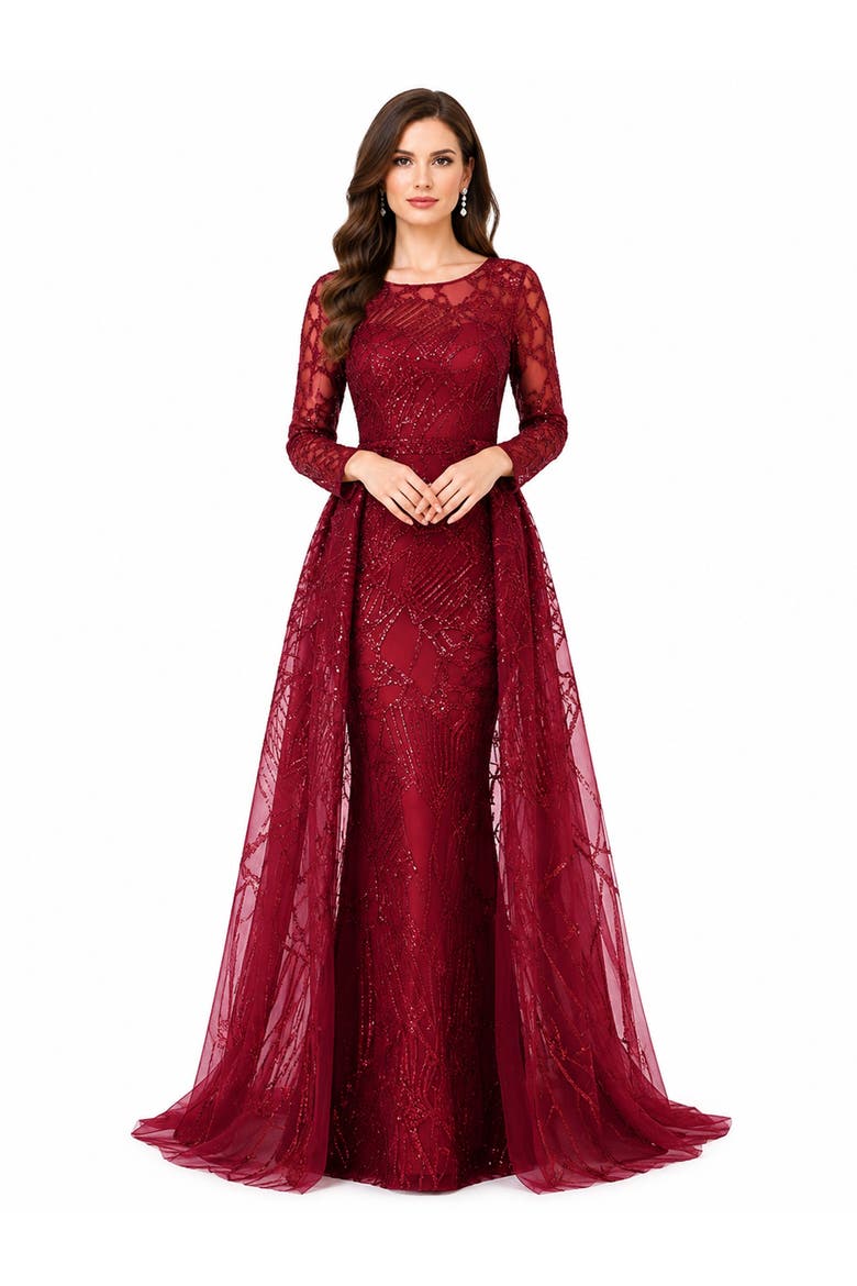 Beaded Faux-Wrap V-Neck Bridal Gown, Main, color, Dark Red
