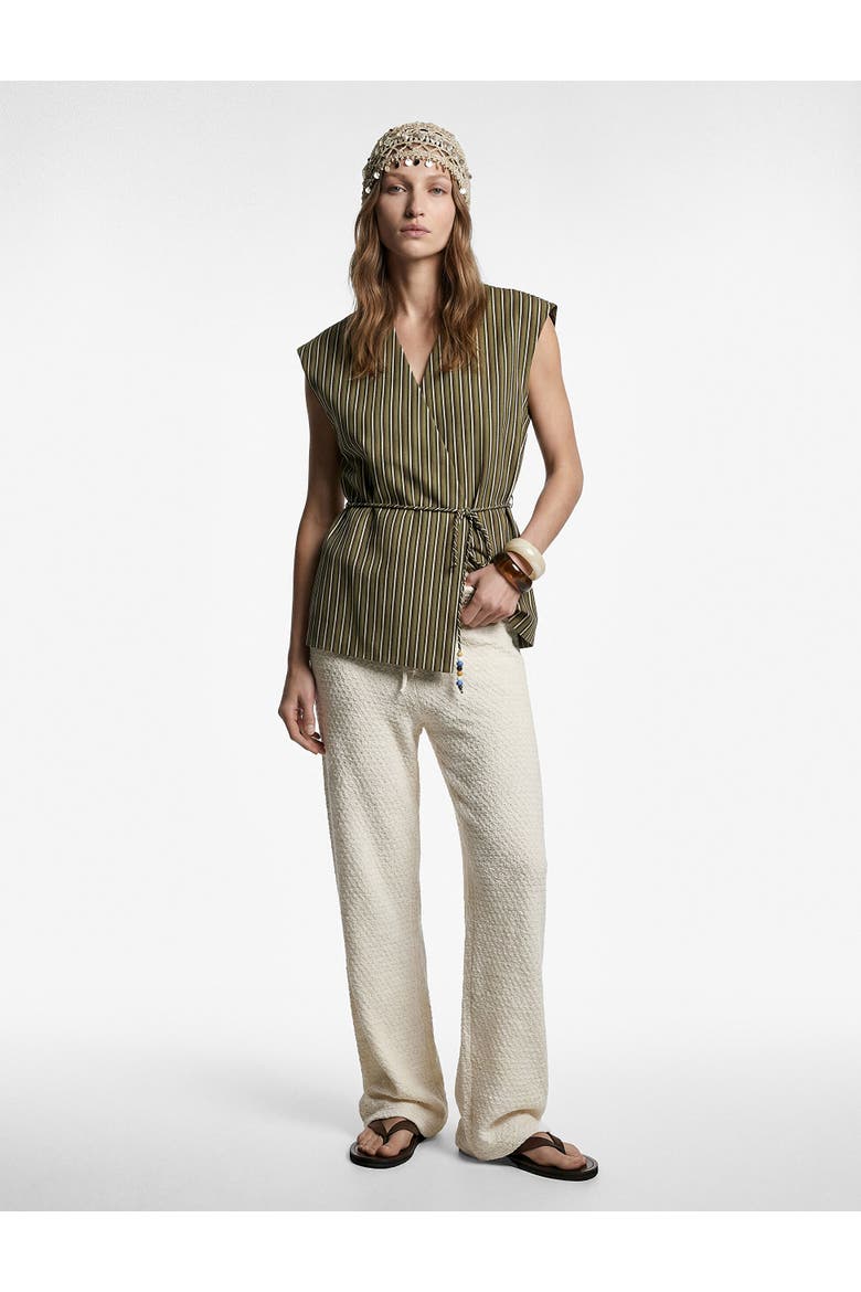 Sleeveless V-Neck Striped Wrap Top, Alternate, color, KHAKI STRIPE