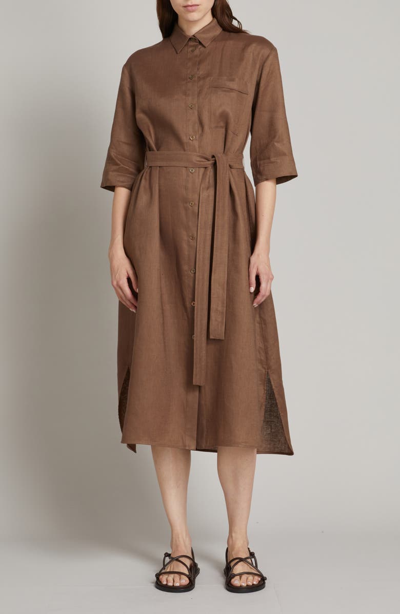 MM by Max Mara Tabella Belted Linen Shirtdress, Main, color, Hazelnut Brown
