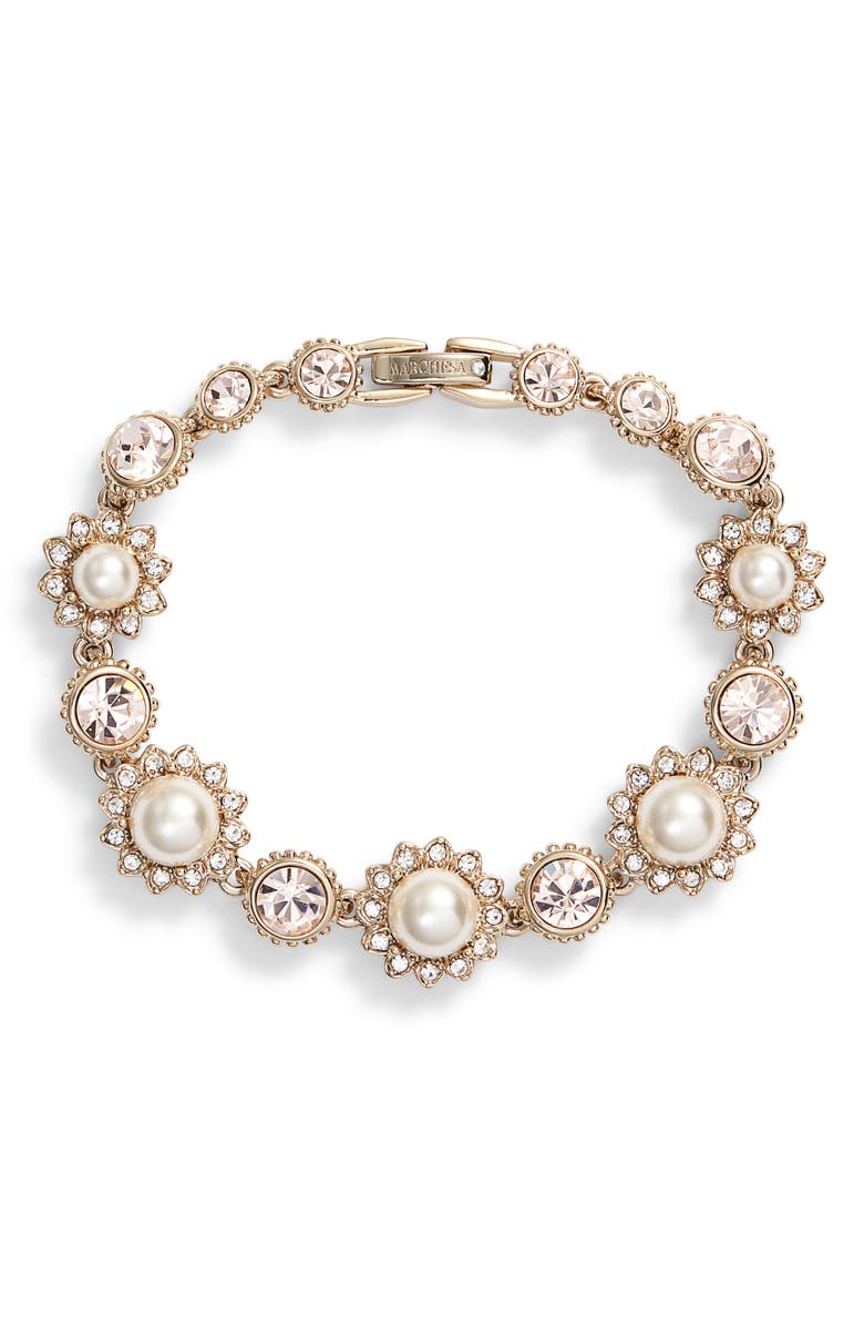 Marchesa Imitation Pearl Line Bracelet, Main, color, Cream/ Silk/ Gold